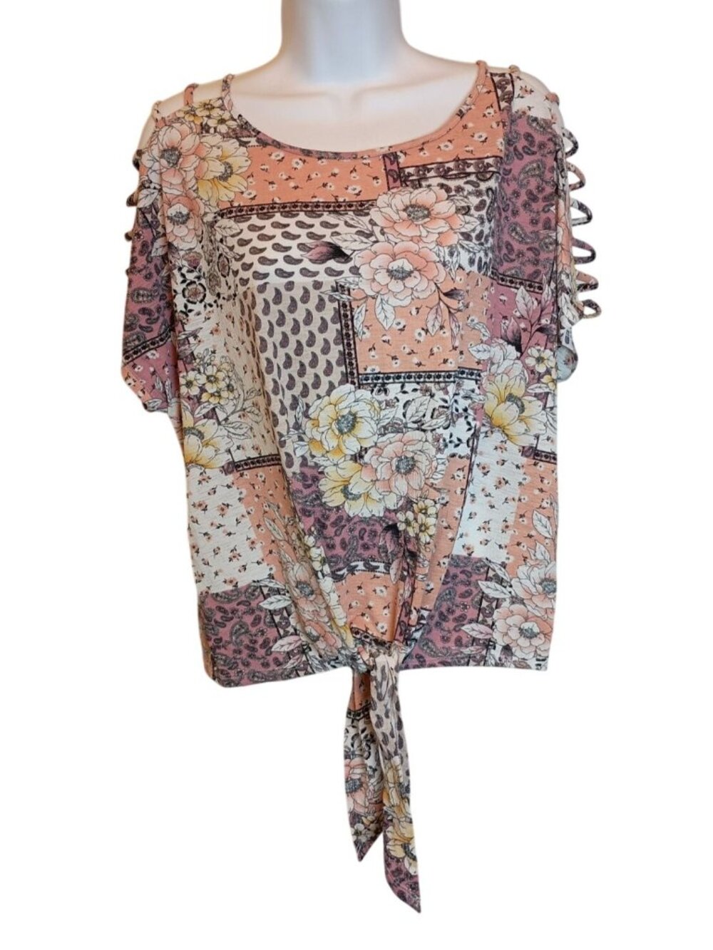 Perseption Concept Cage Sleeved Floral Paisley Block Top Blouse Women's Sz.L